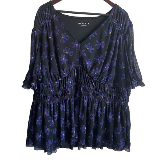 Ava & Viv Women Peplum Top 3X Purple Black Floral Print Flutter Sleeve  Feminine - Picture 1 of 10